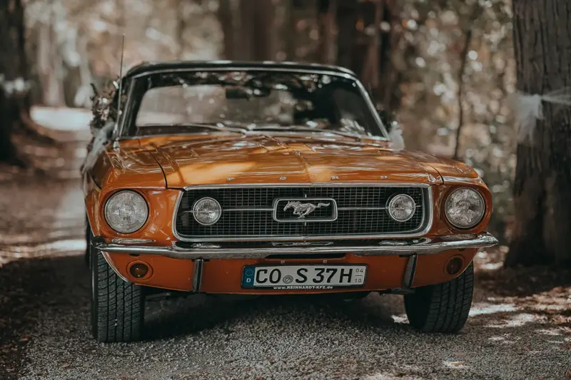 Ein orangefarbener Ford Mustang auf einem Waldweg